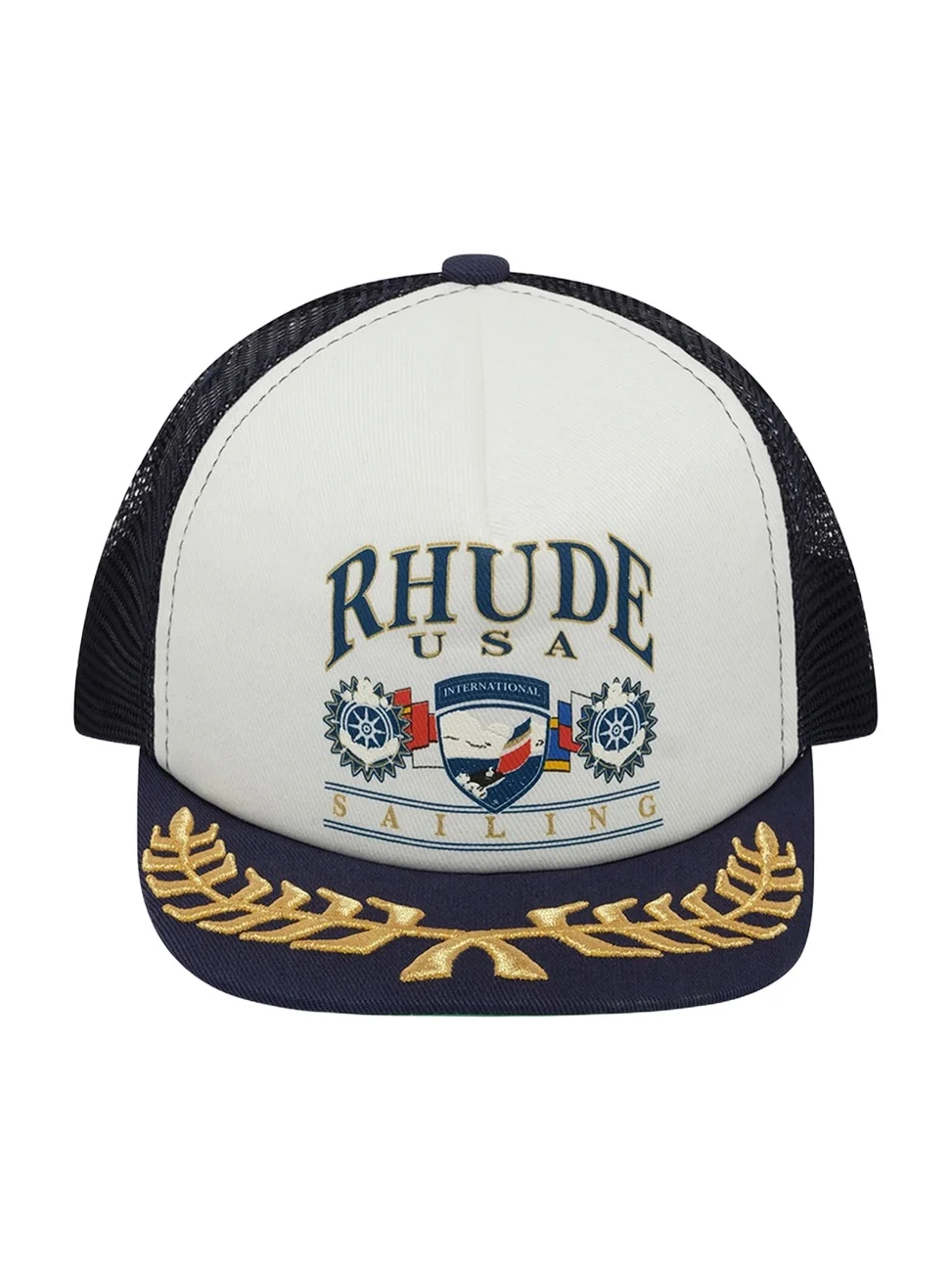 Rhude Usa Sailing Icon Trucker Hat in Navy/white