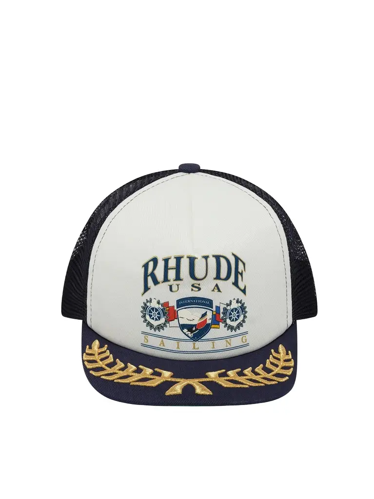 Rhude Usa Sailing Icon Trucker Hat in Navy/white