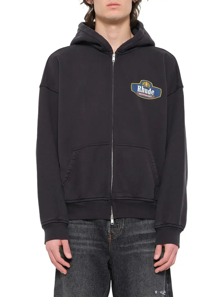 Rhude Racing Crest Zip-up Hoodie in Vintage Black