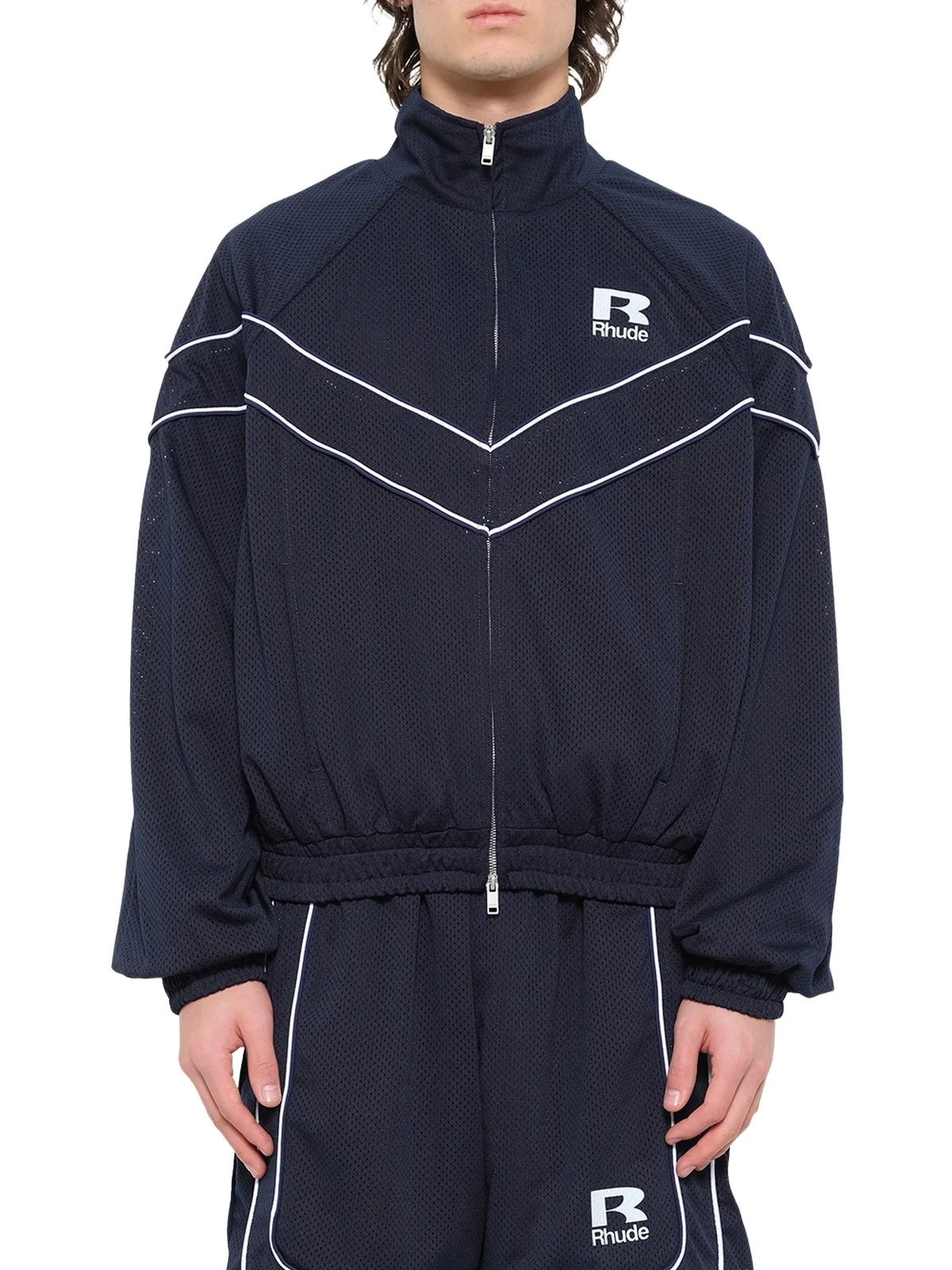 Rhude Rhude Mesh Piping Raglan Track Jacket in Navy/white