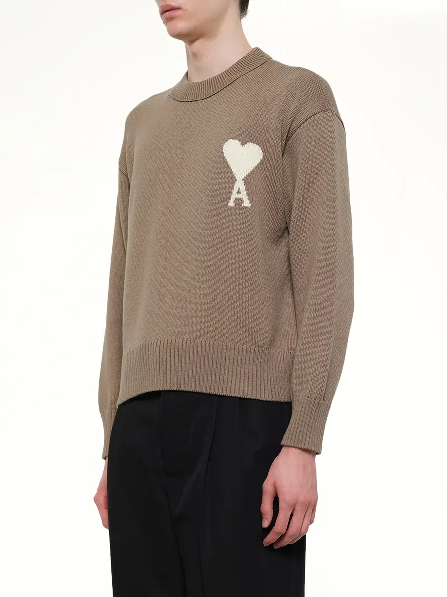 AMI PARIS Contrasted Ami De Coeur Sweater in Beige Taupe | Thumbnail 3 AMI PARIS Contrasted Ami De Coeur Sweater in Beige Taupe | Thumbnail 3