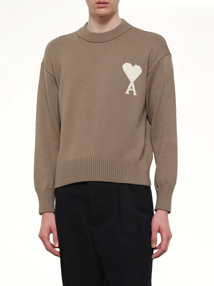 AMI PARIS Contrasted Ami De Coeur Sweater in Beige Taupe | Thumbnail 6 AMI PARIS Contrasted Ami De Coeur Sweater in Beige Taupe | Thumbnail 6