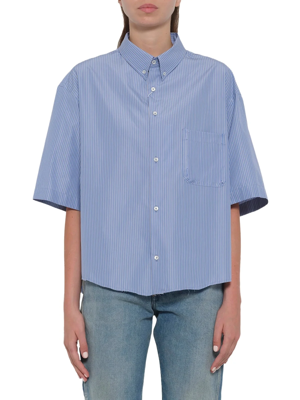 Maison Margiela Stripe Short Sleeve Shirt in Blue/khaki