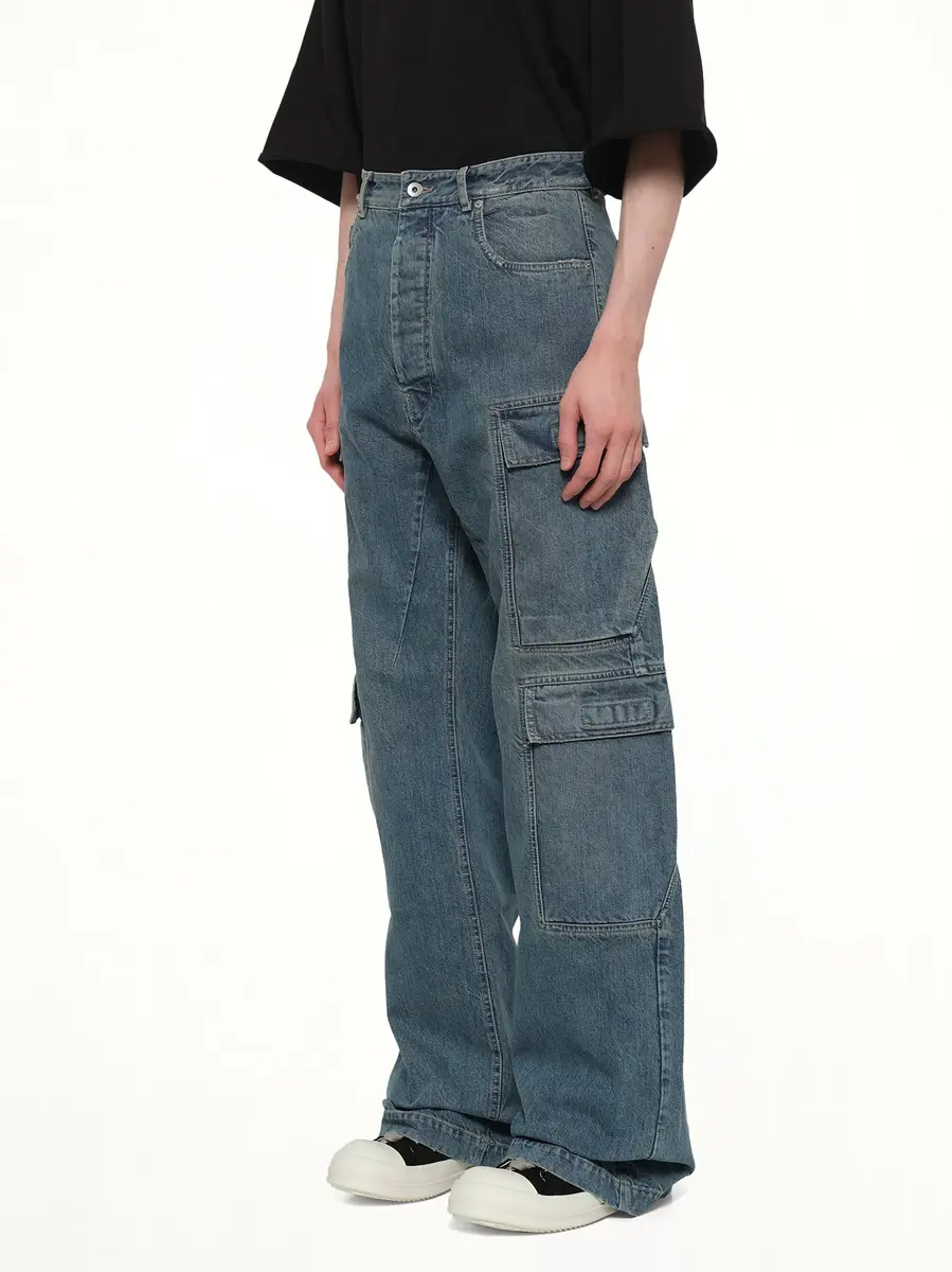 RICK OWENS DRKSHDW Double Cargo Jeans in Washed Indigo | Thumbnail 3