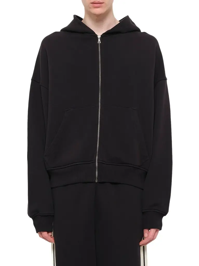 Palm Angels Back Curved Logo Zip Hoodie in Black/off White
