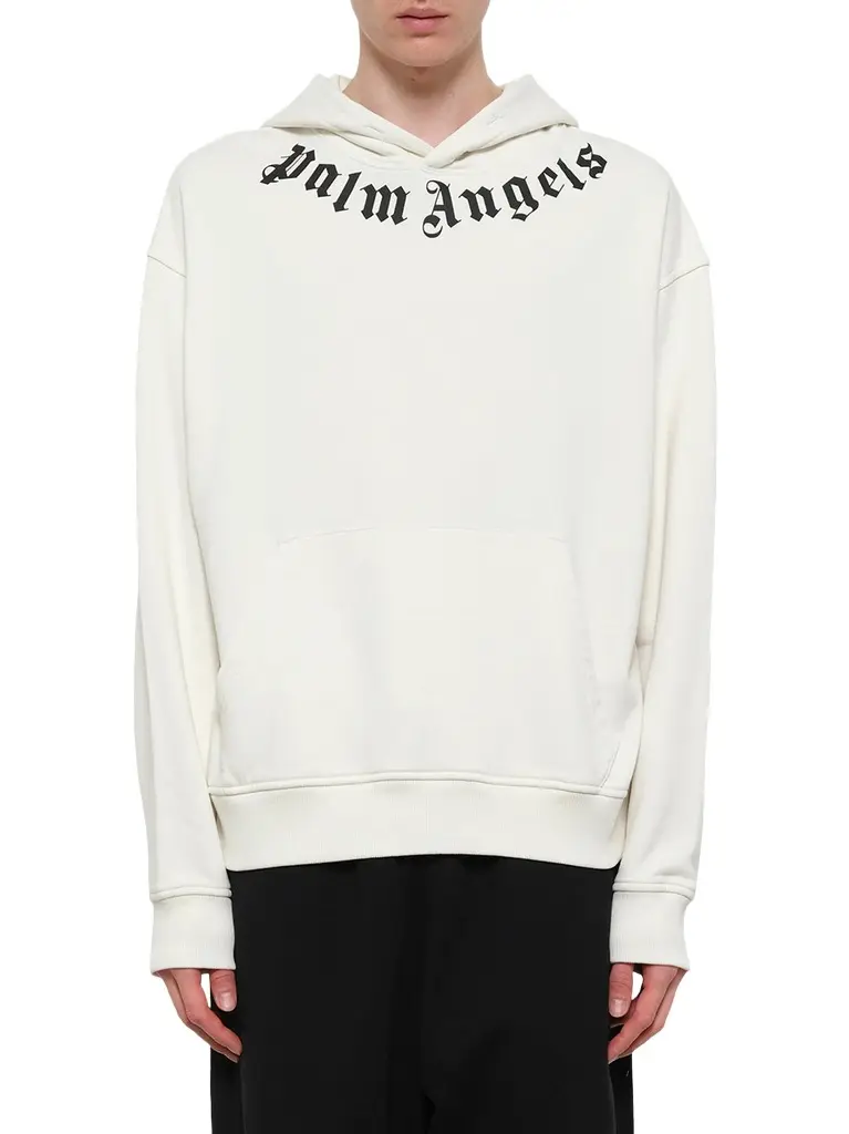 Palm Angels Neck Logo Regular Hoodie in Off White/black