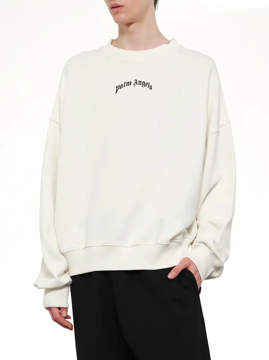 Palm Angels Back Curved Logo Loose Sweatshirt in Off White/black | Thumbnail 6 Palm Angels Back Curved Logo Loose Sweatshirt in Off White/black | Thumbnail 6