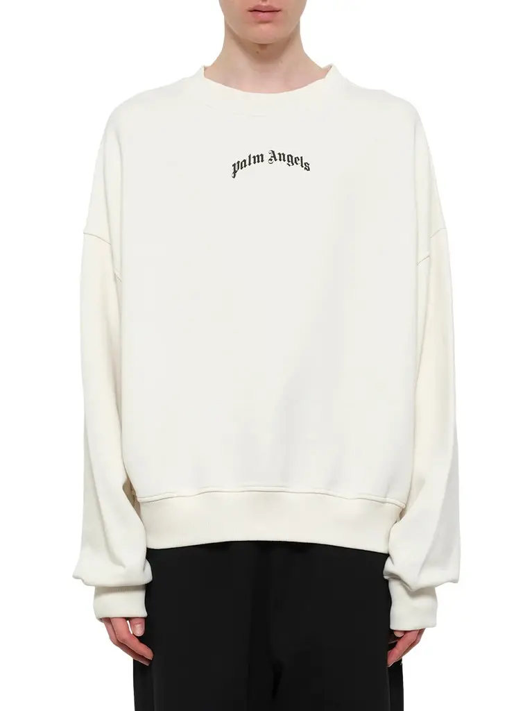 Palm Angels Back Curved Logo Loose Sweatshirt in Off White/black