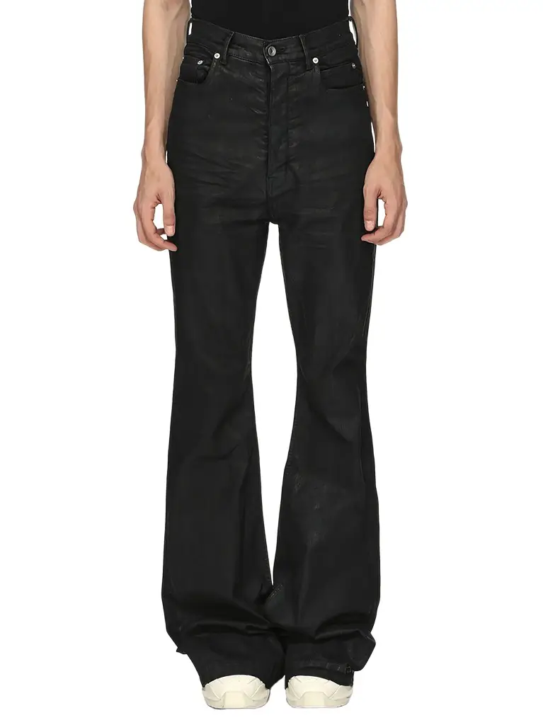 RICK OWENS DRKSHDW Stretch Denim Bolan Bootcut in Black Wax