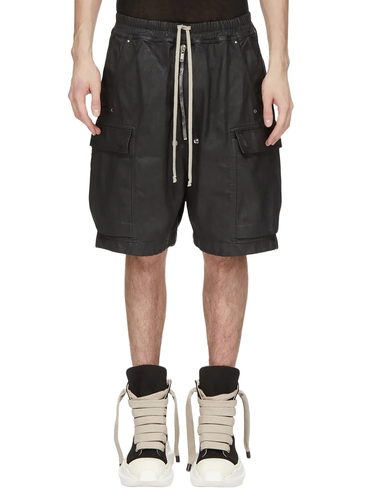 RICK OWENS DRKSHDW Megacrust Denim Cargobela Shorts in Black Wax