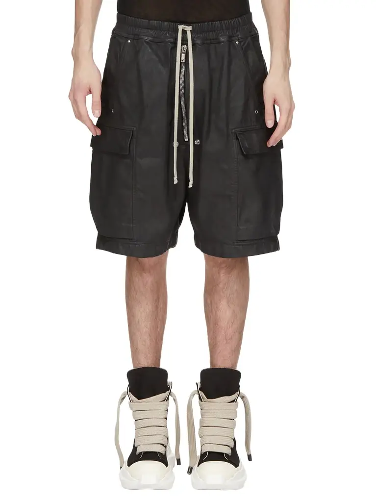 RICK OWENS DRKSHDW Megacrust Denim Cargobela Shorts in Black Wax