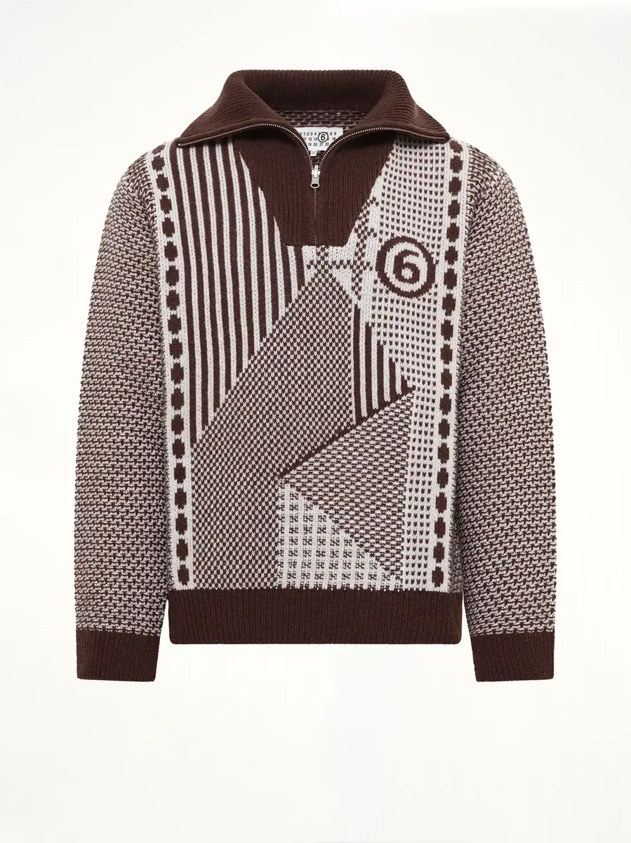 MM6 MAISON MARGIELA Jacquard Knit Polo in Brown/off White | Thumbnail 2 MM6 MAISON MARGIELA Jacquard Knit Polo in Brown/off White | Thumbnail 2