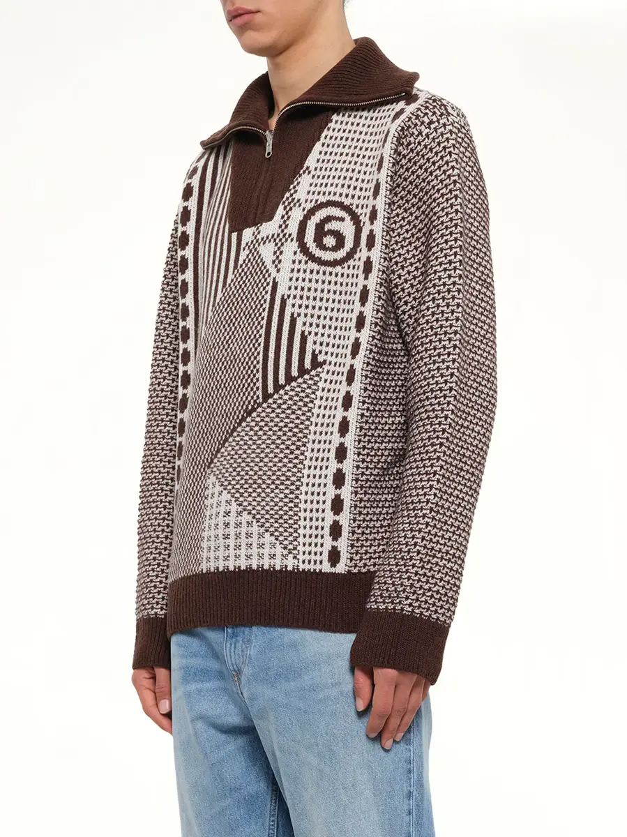 MM6 MAISON MARGIELA Jacquard Knit Polo in Brown/off White | Thumbnail 3 MM6 MAISON MARGIELA Jacquard Knit Polo in Brown/off White | Thumbnail 3