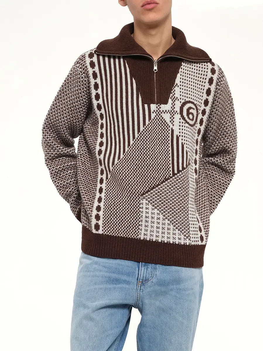 MM6 MAISON MARGIELA Jacquard Knit Polo in Brown/off White | Thumbnail 6 MM6 MAISON MARGIELA Jacquard Knit Polo in Brown/off White | Thumbnail 6