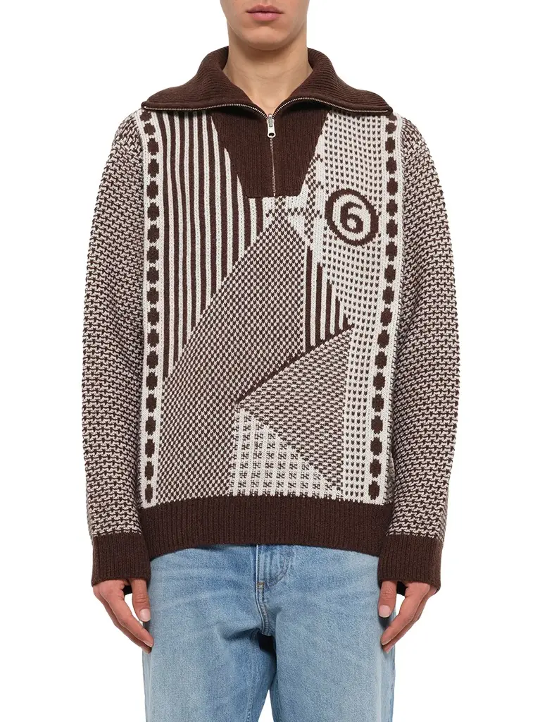 Jacquard Knit Polo in Brown/off White Jacquard Knit Polo in Brown/off White