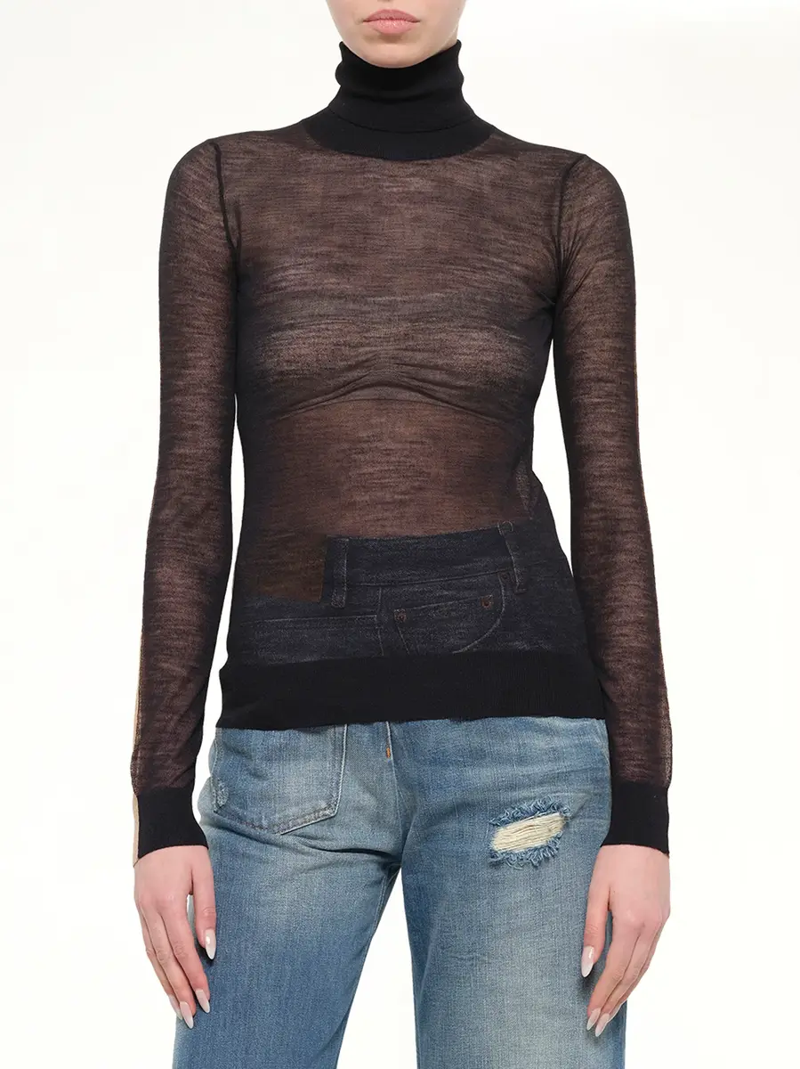 MM6 MAISON MARGIELA Sheer Cotton Turtleneck in Black/camel | Thumbnail 6