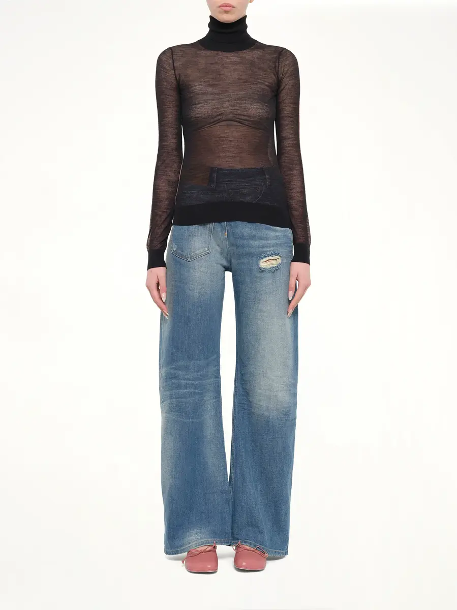 MM6 MAISON MARGIELA Sheer Cotton Turtleneck in Black/camel | Thumbnail 7