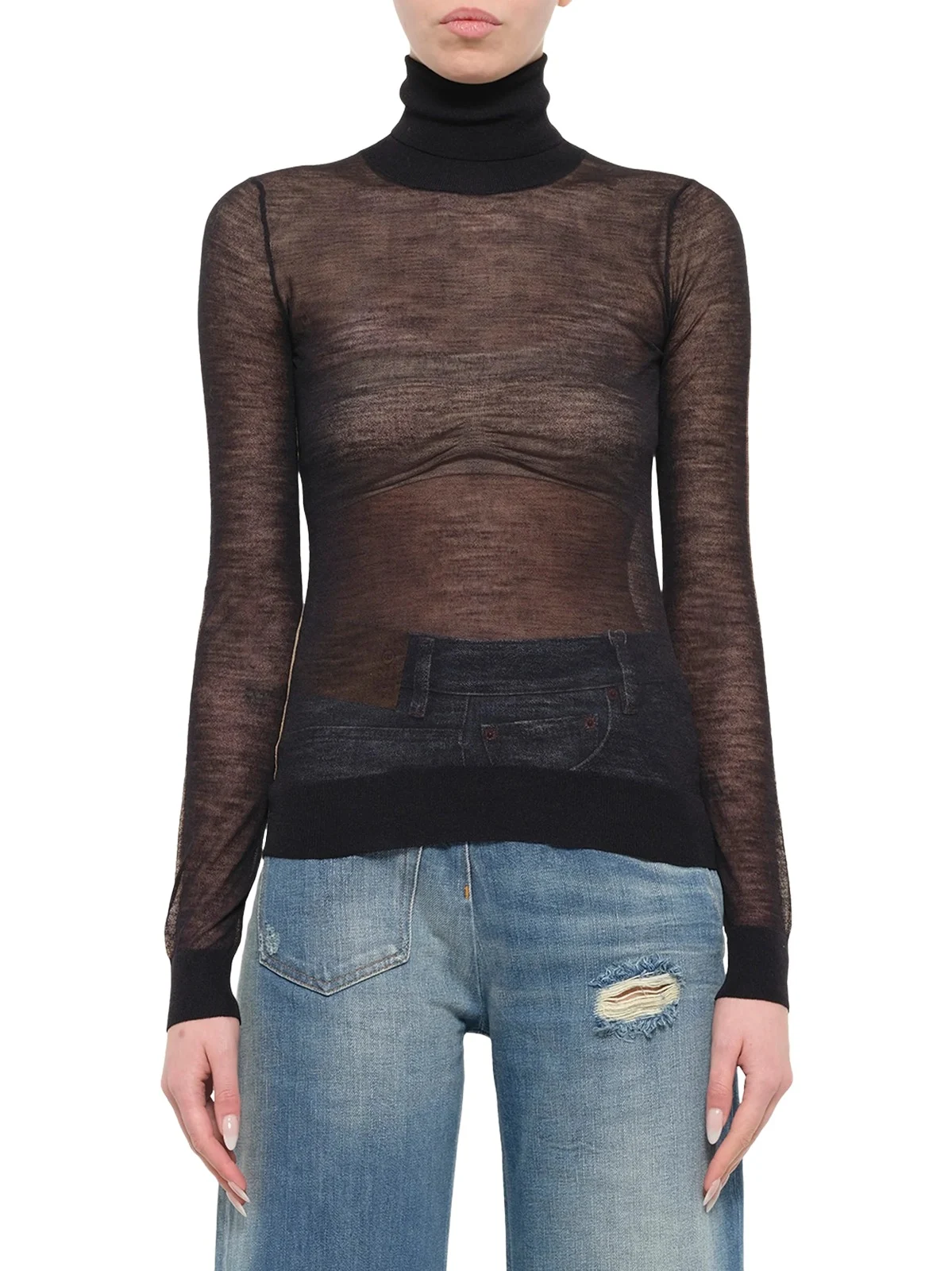 MM6 MAISON MARGIELA Sheer Cotton Turtleneck in Black/camel