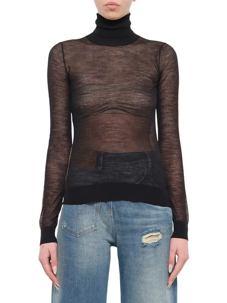 MM6 MAISON MARGIELA Sheer Cotton Turtleneck in Black/camel