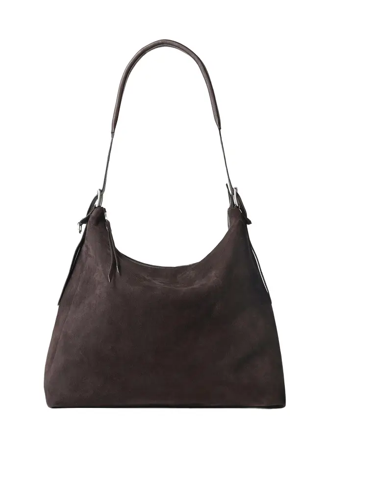 Lemaire Belted Hobo Suede Bag in Ebony Brown