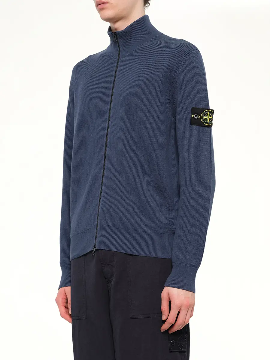 Stone Island 5100126 Ribbed Cotton Zip-up Cardigan in Slate Blue | Thumbnail 3 Stone Island 5100126 Ribbed Cotton Zip-up Cardigan in Slate Blue | Thumbnail 3