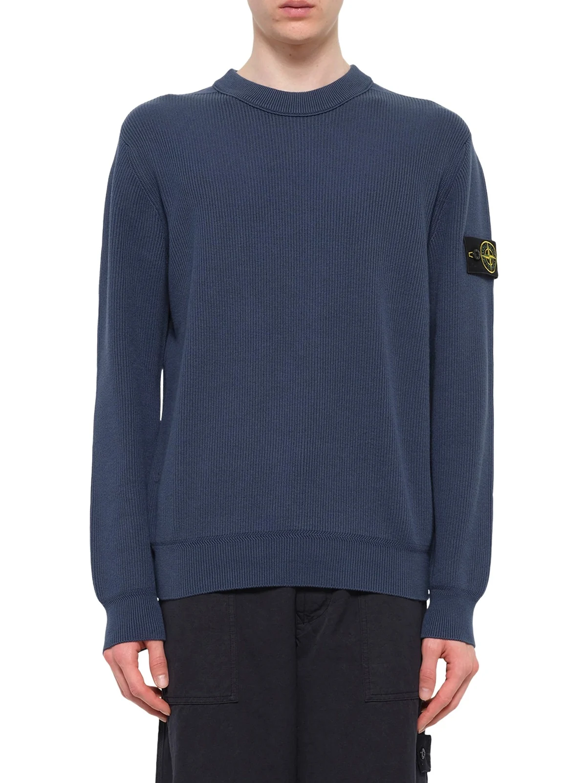 Stone Island 5100154 Ribbed Cotton Crewneck Sweater in Slate Blue