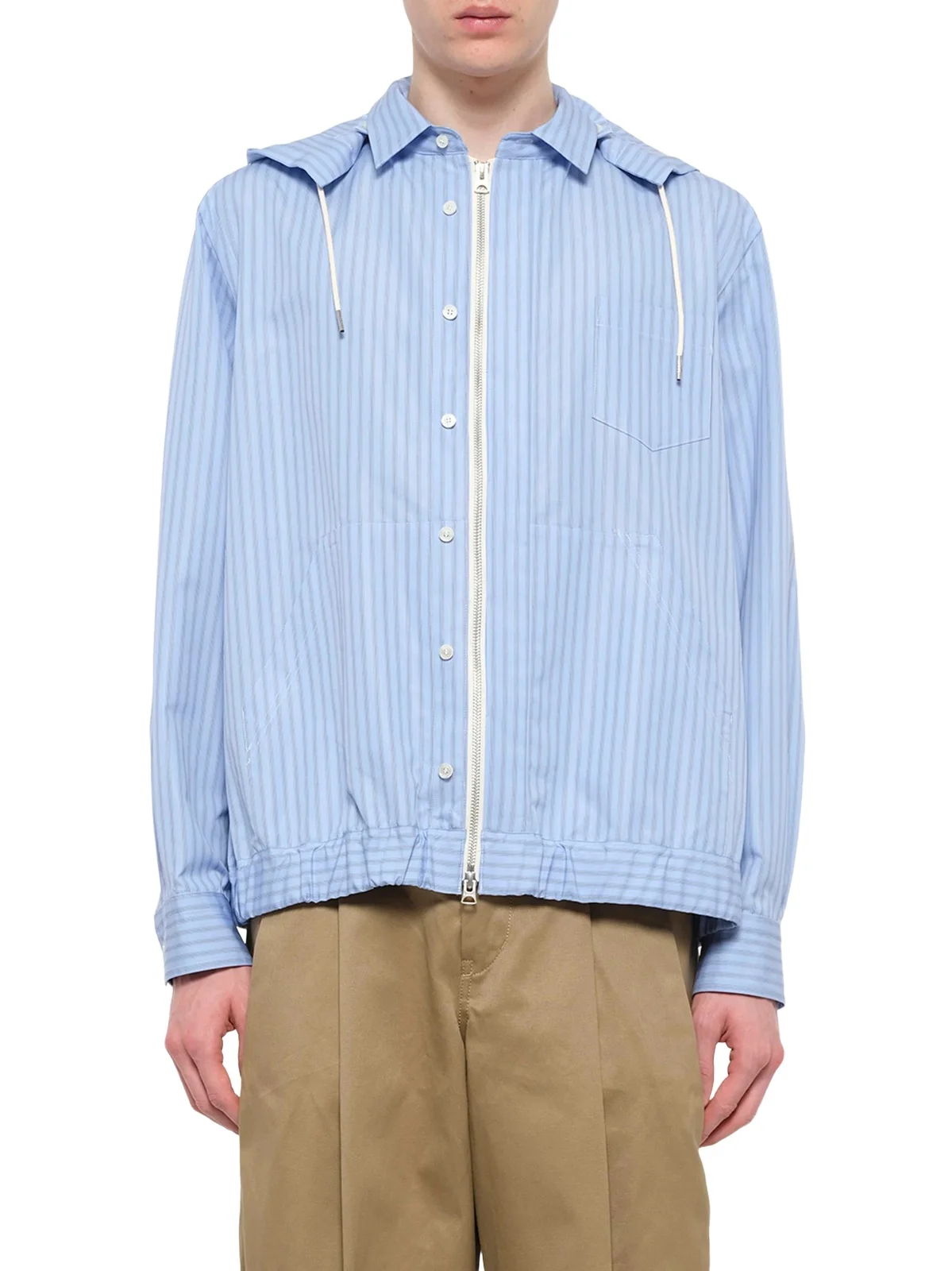 Sacai Poplin Hoodie in Light Blue Stripe
