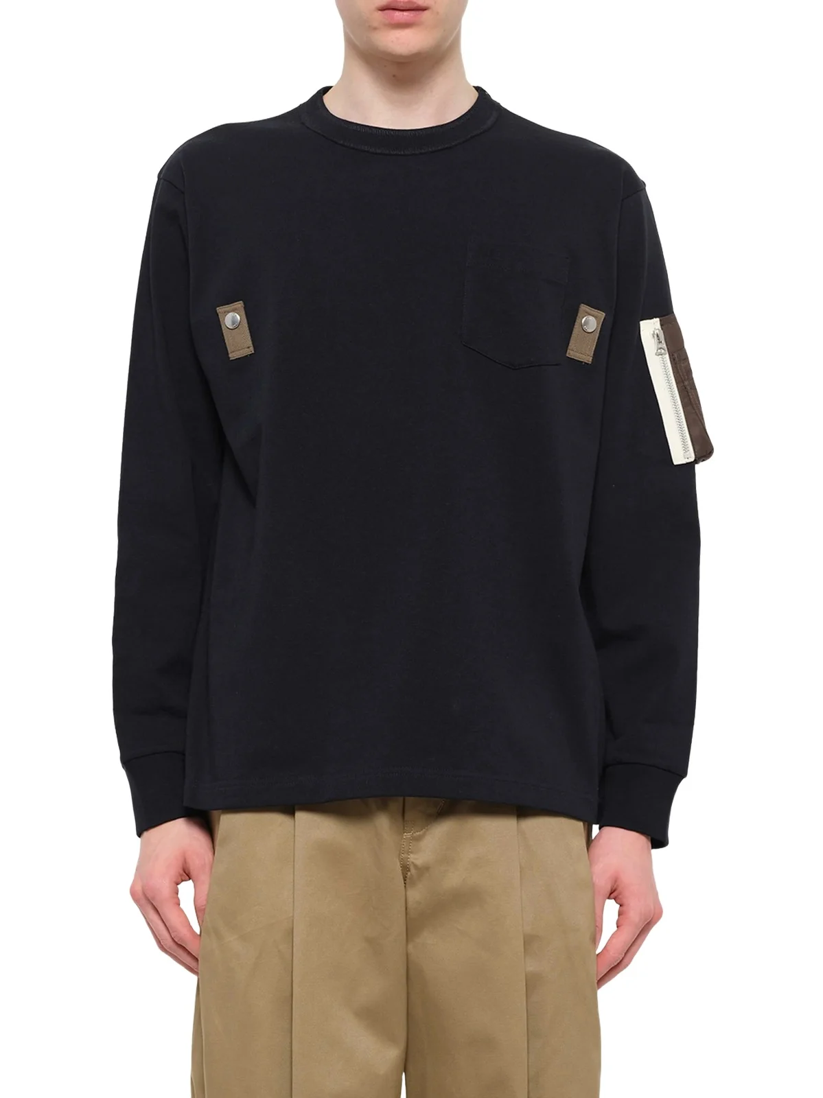Sacai Cotton Jersey L/s T-shirt in Navy/dark Khaki