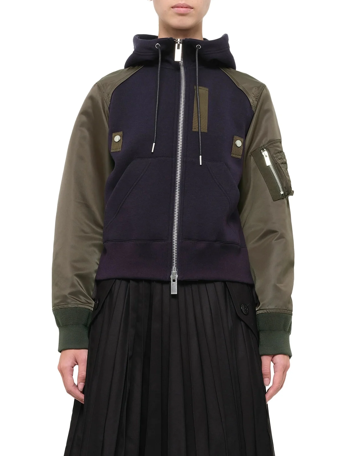 Sacai Sponge Sweat Zip Hoodie in Navy/dark Khaki