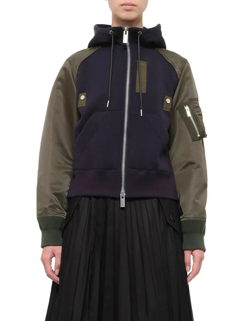 Sacai Sponge Sweat Zip Hoodie in Navy/dark Khaki
