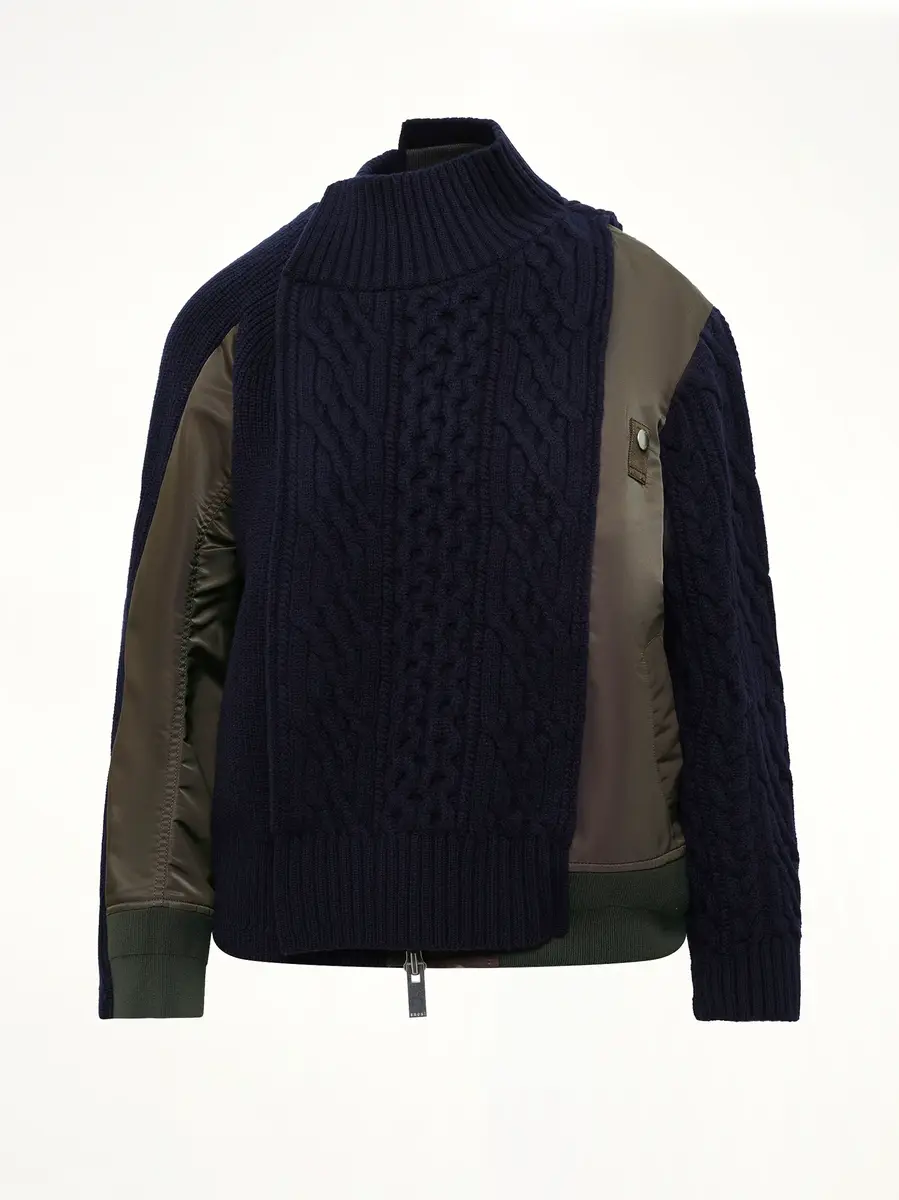 Sacai Nylon Twill x Wool Knit Blouson in Navy/dark Khaki | Thumbnail 2 Sacai Nylon Twill x Wool Knit Blouson in Navy/dark Khaki | Thumbnail 2