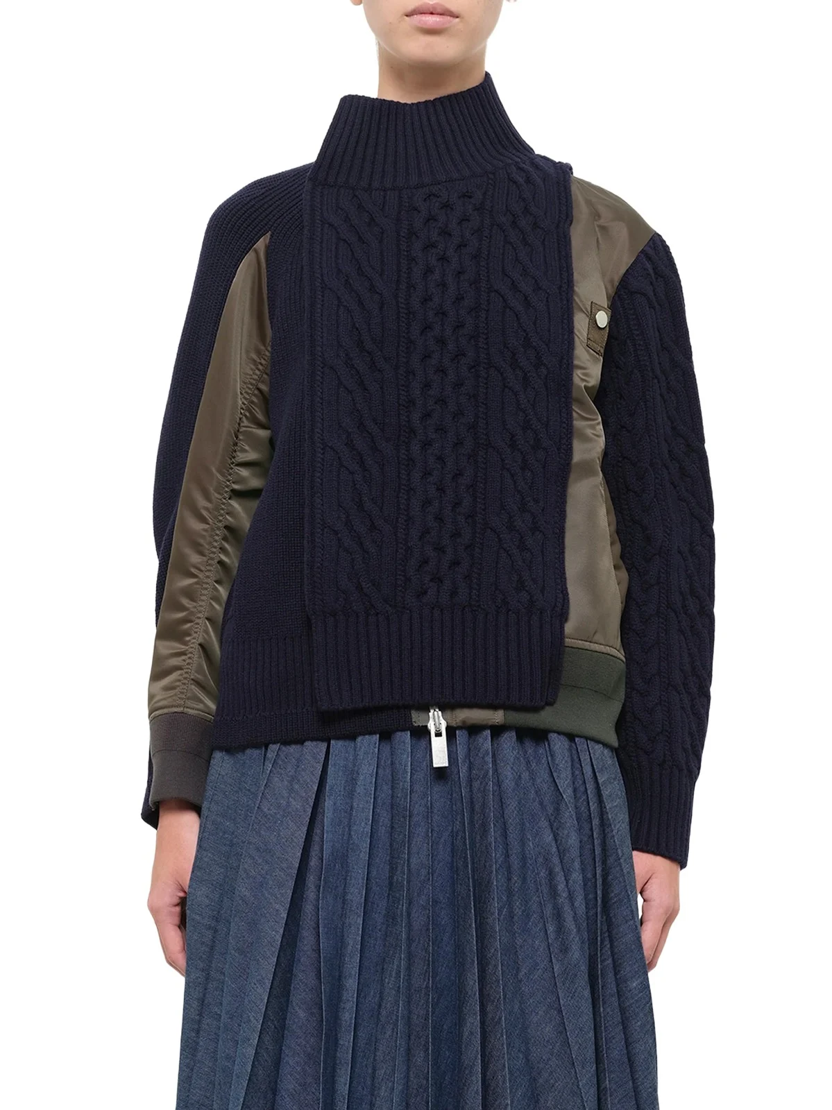 Sacai Nylon Twill x Wool Knit Blouson in Navy/dark Khaki