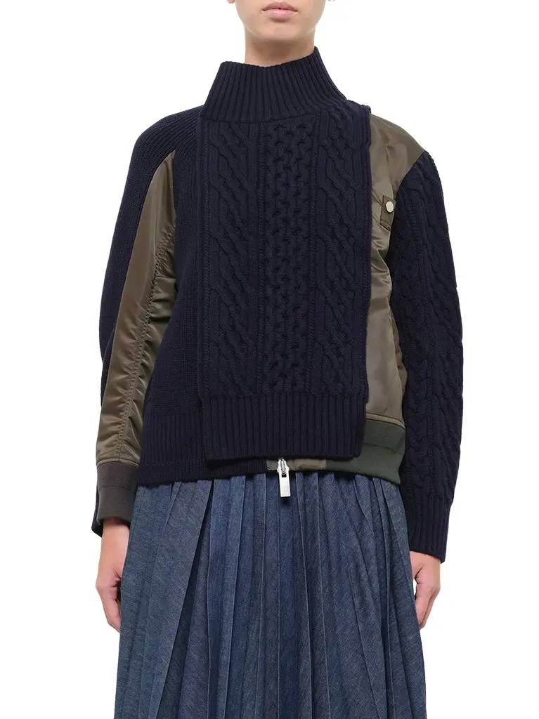 Sacai Nylon Twill x Wool Knit Blouson in Navy/dark Khaki