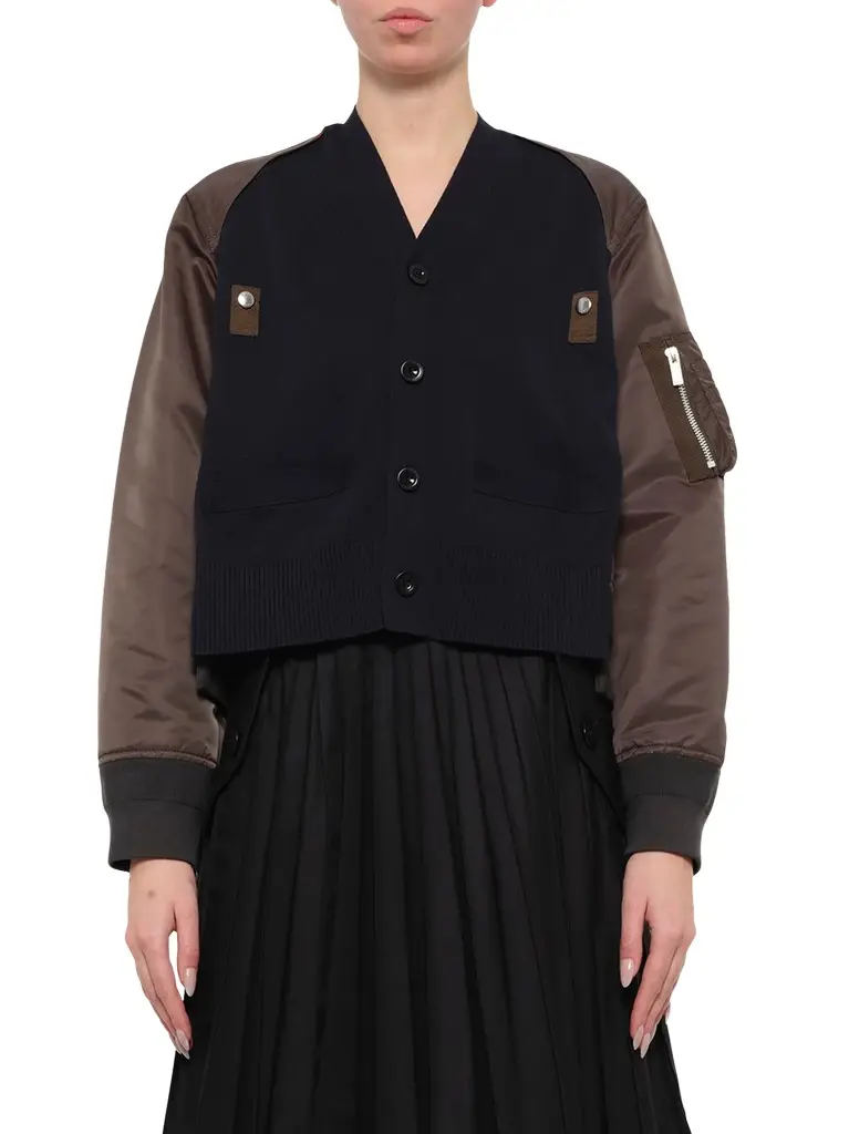 Sacai Nylon Twill x Cotton Knit Cardigan in Navy/dark Khaki