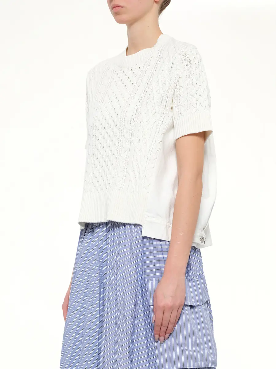 Sacai Denim x Cotton Knit Sweater in Off White | Thumbnail 3 Sacai Denim x Cotton Knit Sweater in Off White | Thumbnail 3