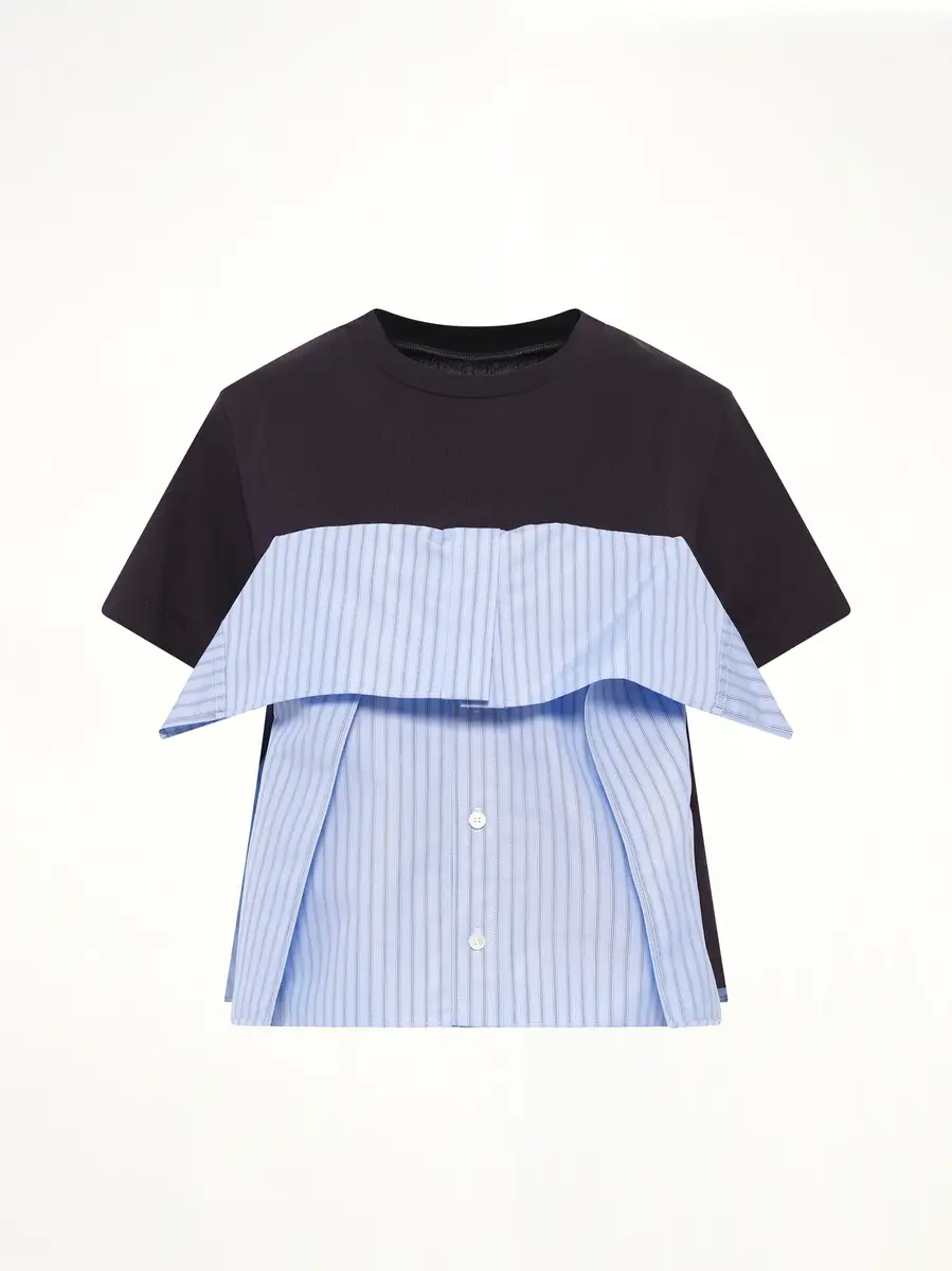 Sacai Poplin x Cotton Jersey T-shirt in Navy/blue Stripe | Thumbnail 2