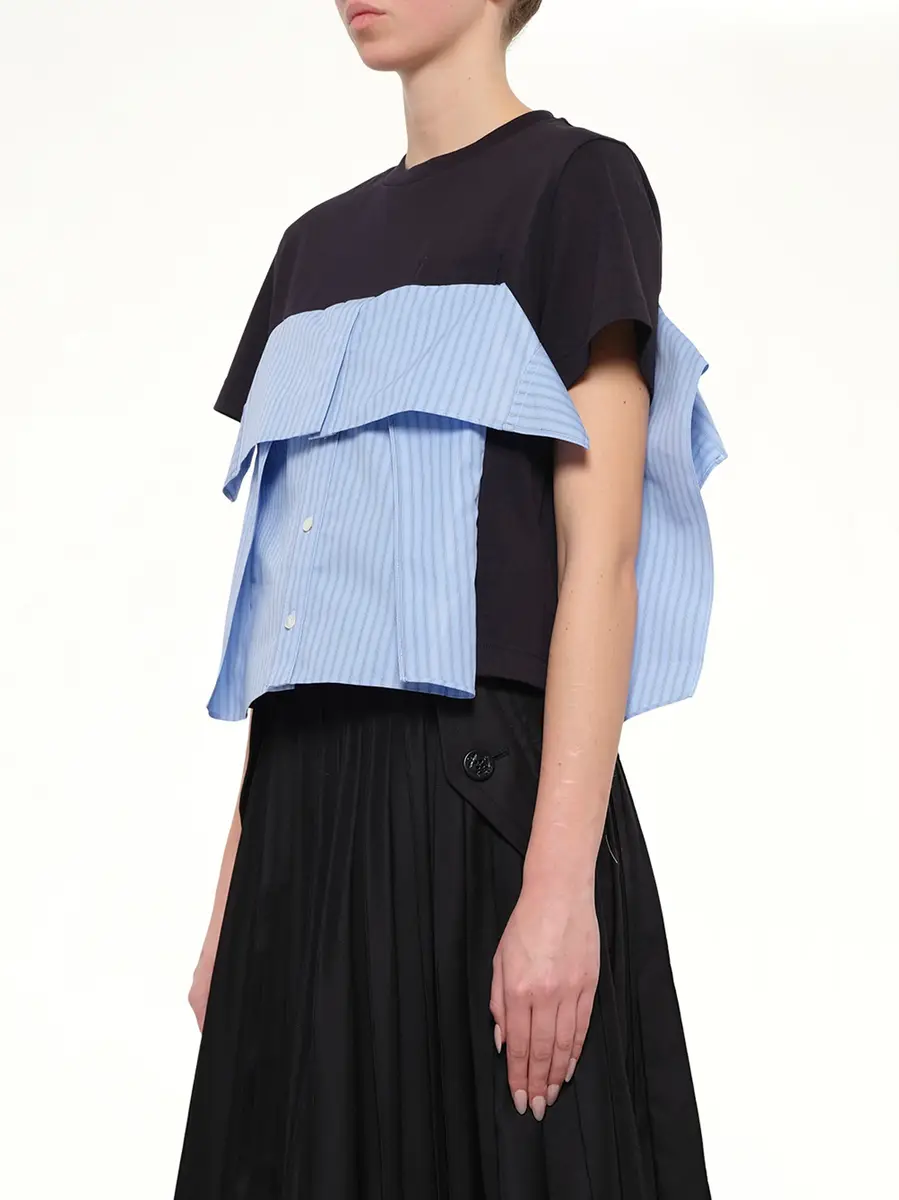 Sacai Poplin x Cotton Jersey T-shirt in Navy/blue Stripe | Thumbnail 3