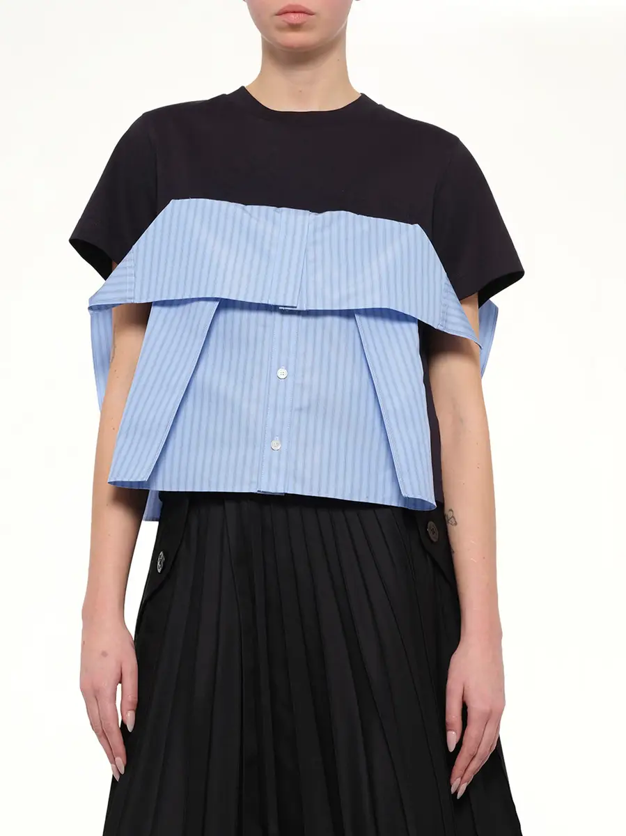 Sacai Poplin x Cotton Jersey T-shirt in Navy/blue Stripe | Thumbnail 6