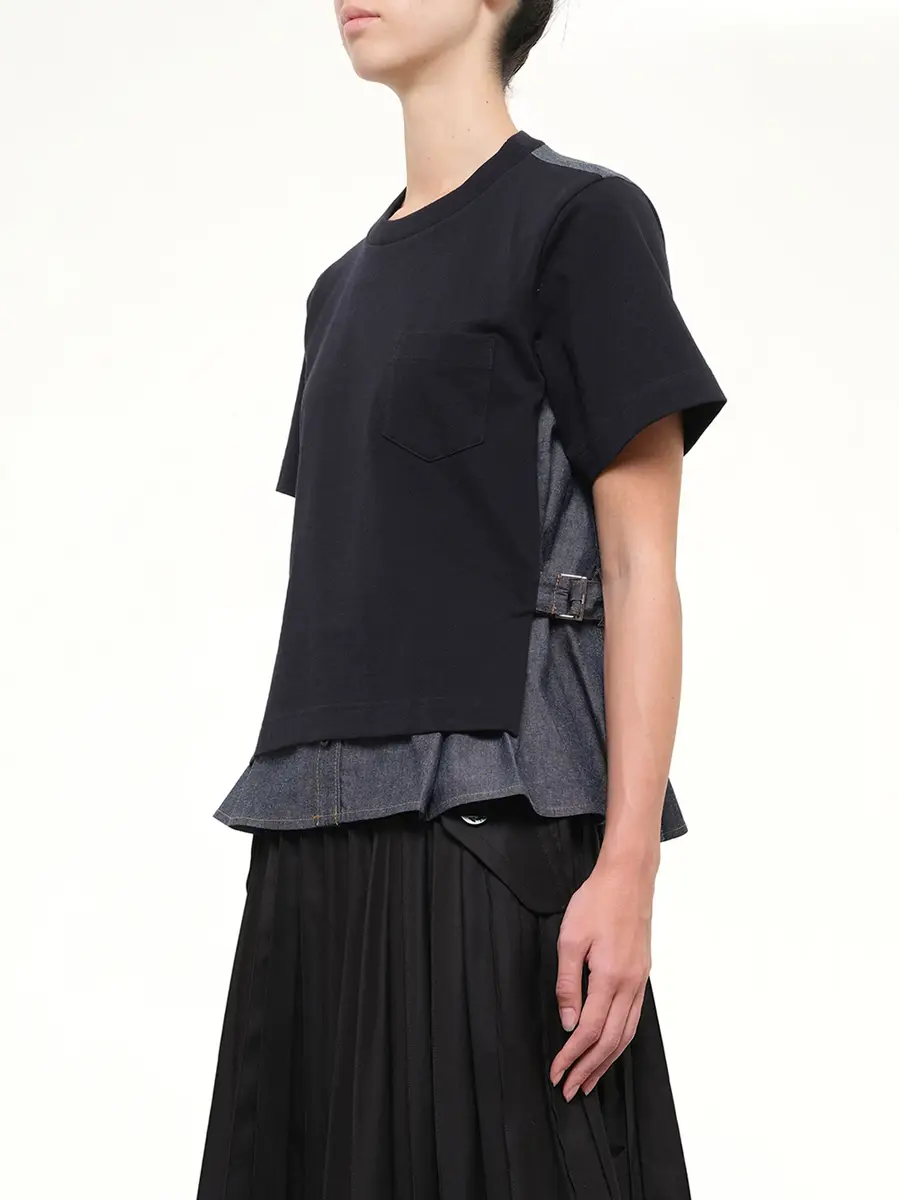 Sacai Light Weight Denim x Cotton Jersey T-shirt in Navy/blue | Thumbnail 3