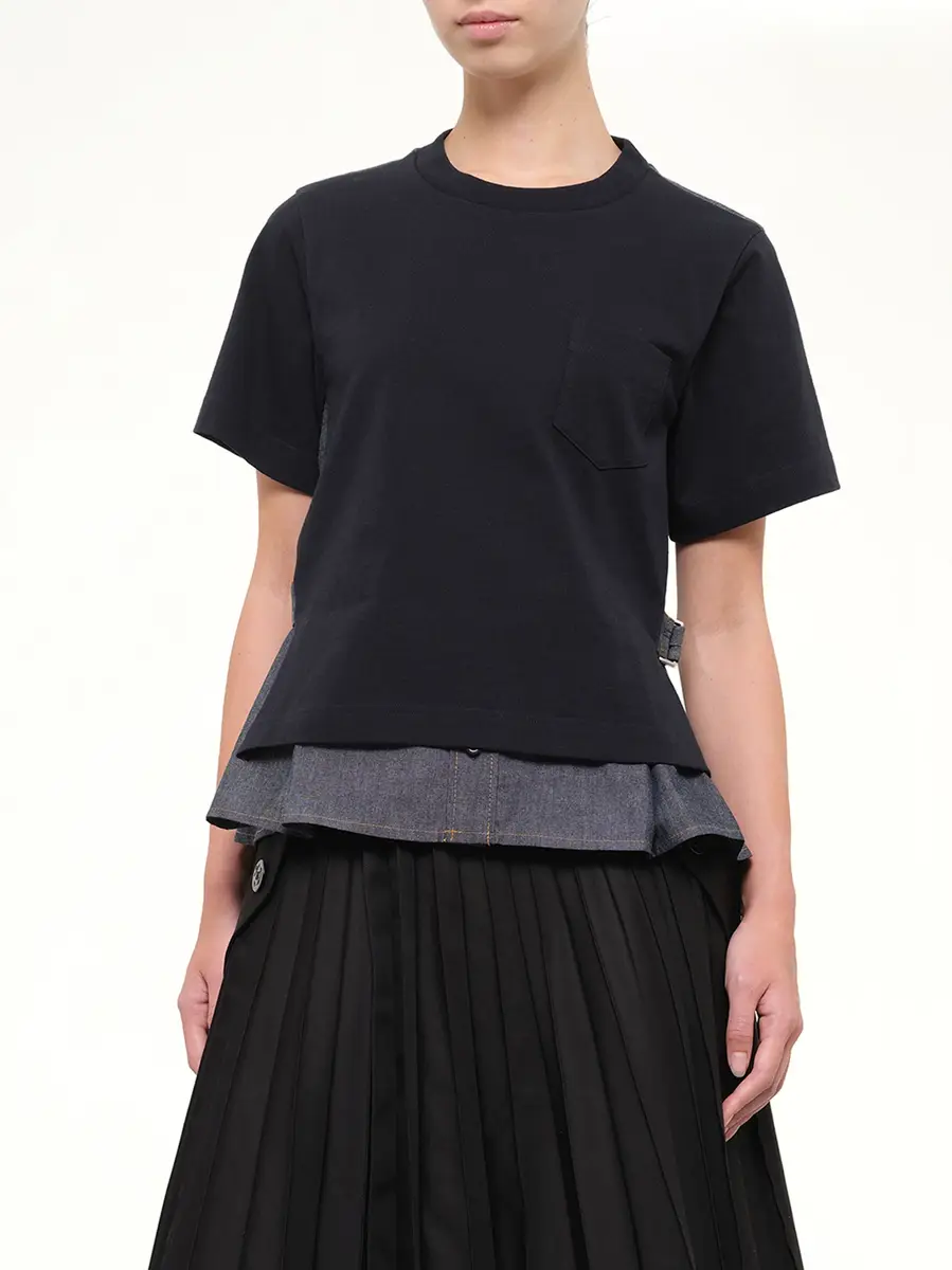 Sacai Light Weight Denim x Cotton Jersey T-shirt in Navy/blue | Thumbnail 6