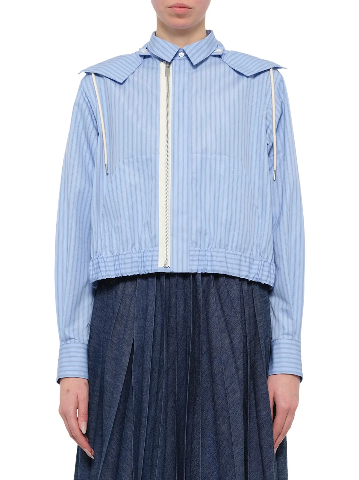 Sacai Poplin Hoodie in Light Blue Stripe
