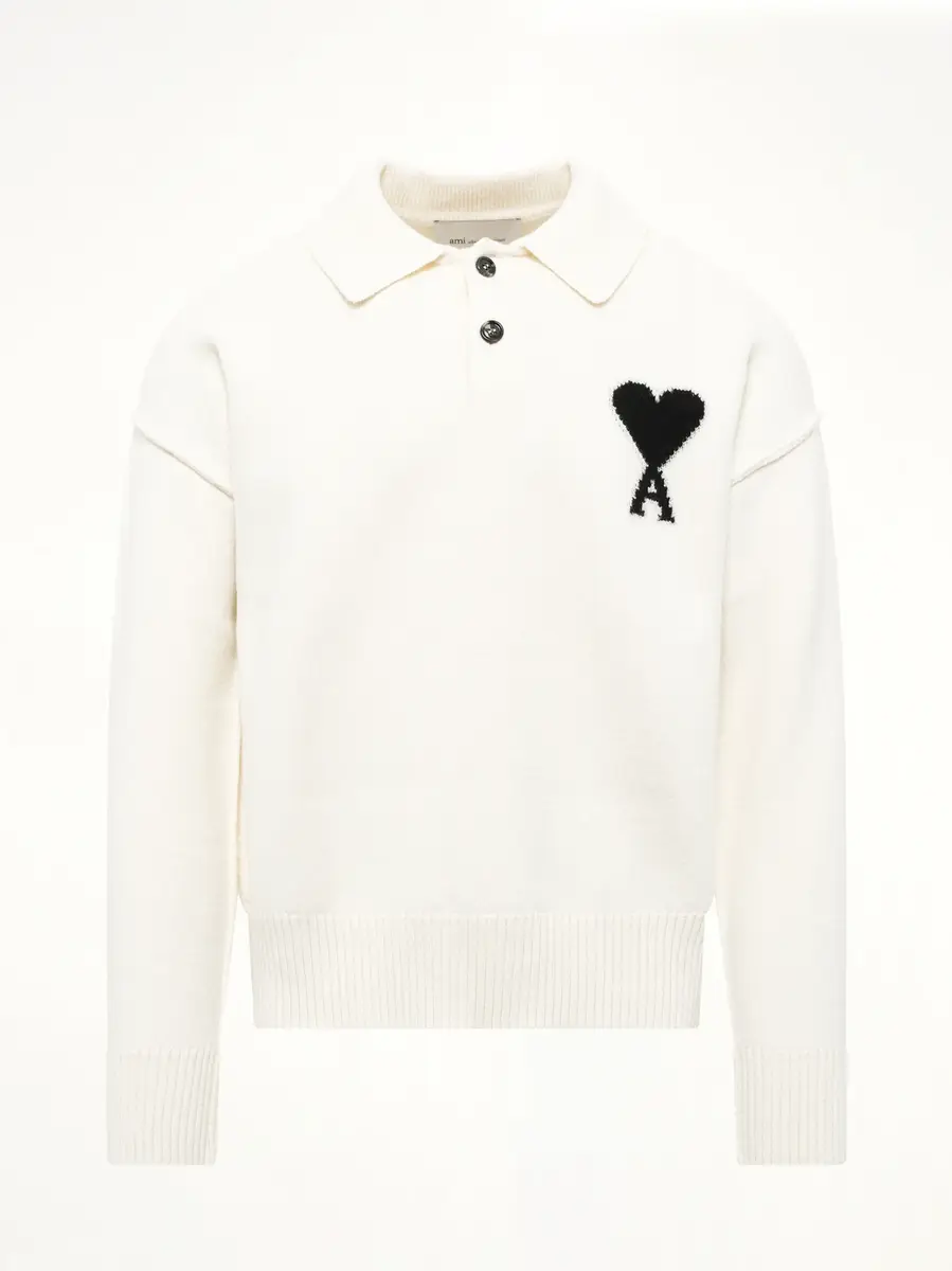 AMI PARIS Ami De Coeur Polo Sweater in Off White | Thumbnail 2 AMI PARIS Ami De Coeur Polo Sweater in Off White | Thumbnail 2