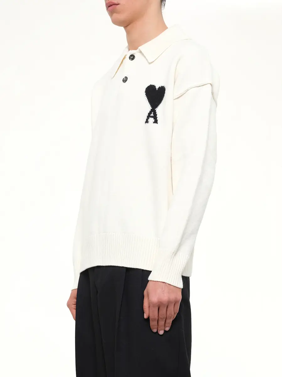 AMI PARIS Ami De Coeur Polo Sweater in Off White | Thumbnail 3 AMI PARIS Ami De Coeur Polo Sweater in Off White | Thumbnail 3