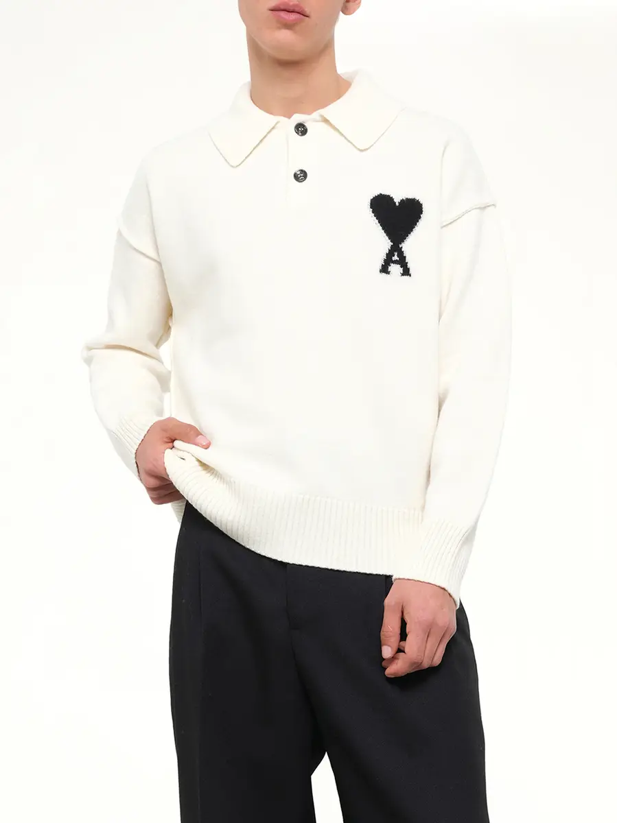 AMI PARIS Ami De Coeur Polo Sweater in Off White | Thumbnail 6 AMI PARIS Ami De Coeur Polo Sweater in Off White | Thumbnail 6