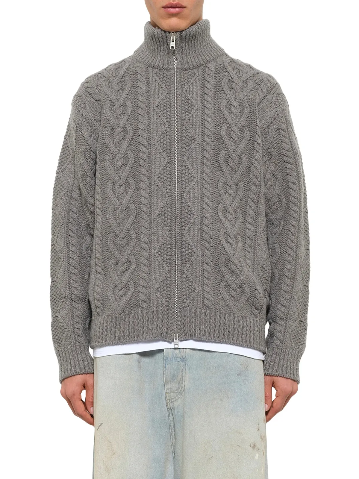 vowels Cable Knit Zip Up in Grey Heather