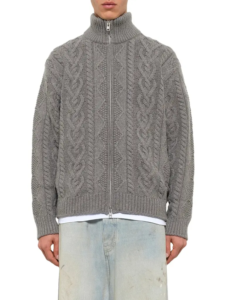vowels Cable Knit Zip Up in Grey Heather