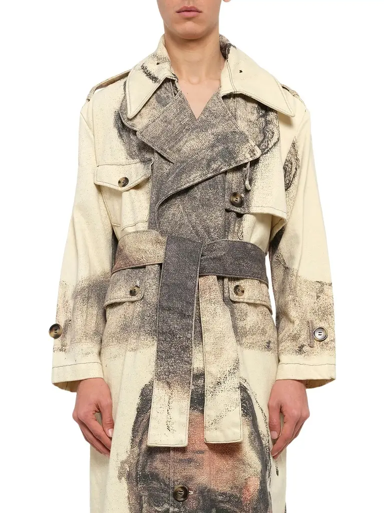 KidSuper Sketched Faced Trench Coat in Cream