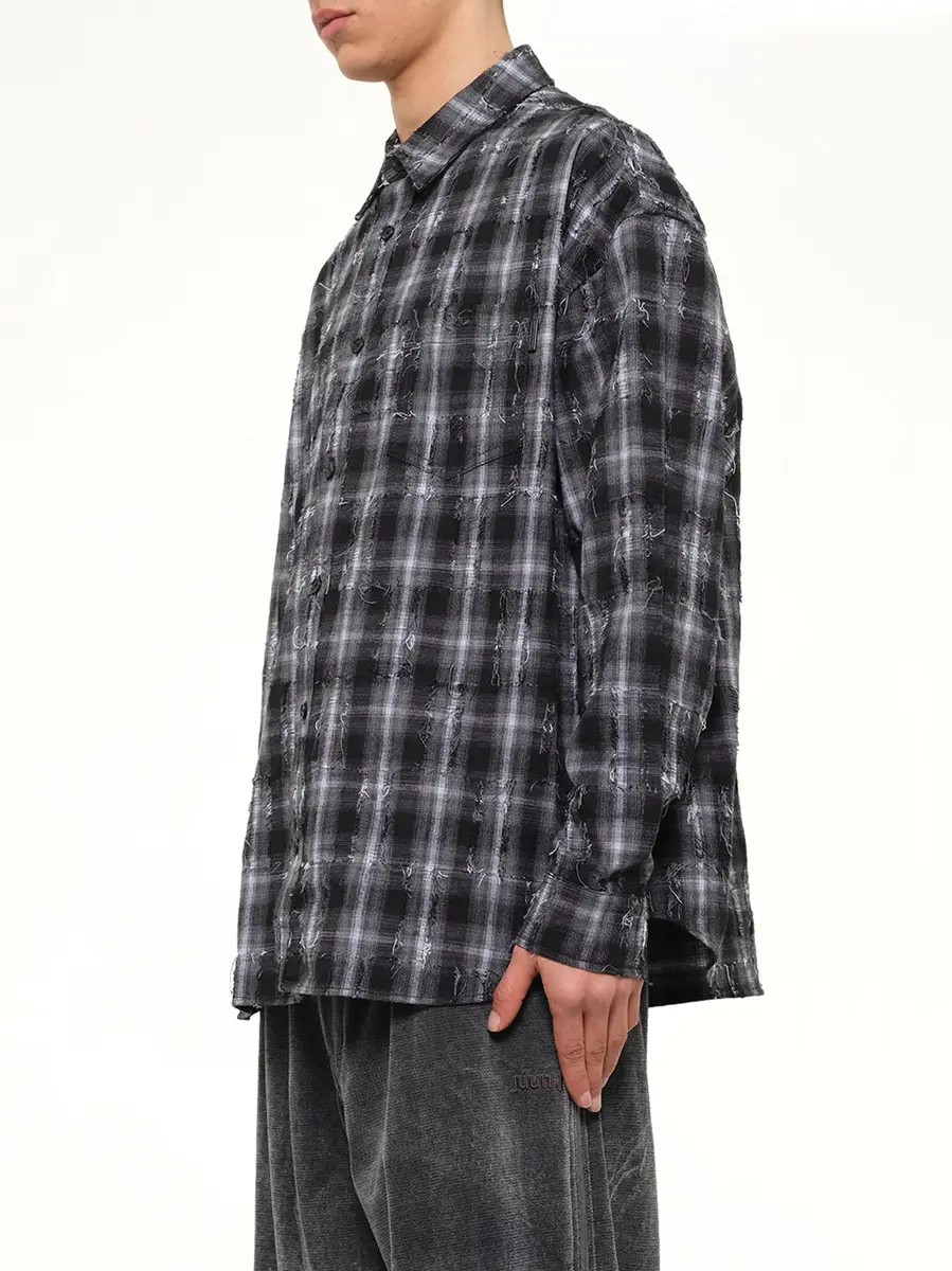 JUUNJ Mono Needle-fringed Check Loose Fit Shirt | Thumbnail 3 JUUNJ Mono Needle-fringed Check Loose Fit Shirt | Thumbnail 3