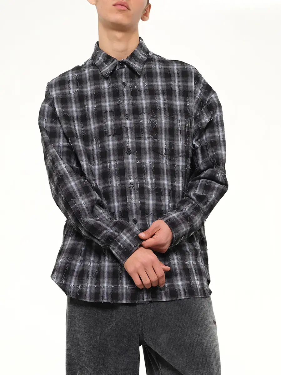 JUUNJ Mono Needle-fringed Check Loose Fit Shirt | Thumbnail 6 JUUNJ Mono Needle-fringed Check Loose Fit Shirt | Thumbnail 6