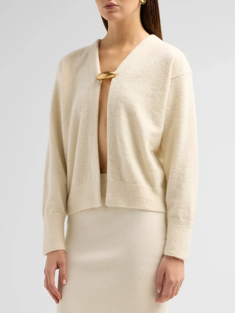 Bottega Veneta Women's Pebble Brooch Cashmere-Silk Bouclé Cardigan | Thumbnail 4